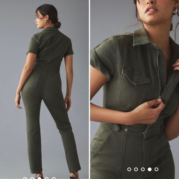 Good American Fit for Success Short Sleeve Forest Green Denim Jumpsuit - Picture 2 of 15